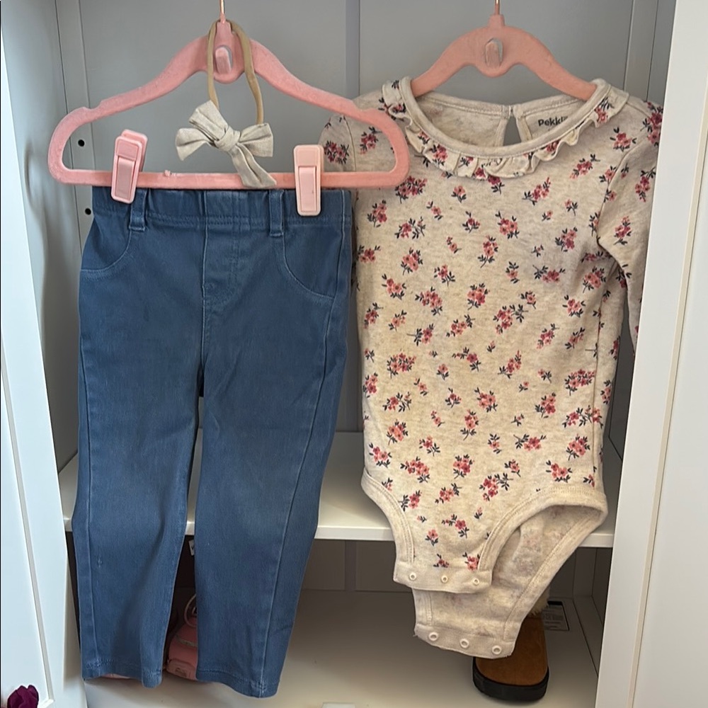 Floral Baby Bodysuit and Blue Pants Set